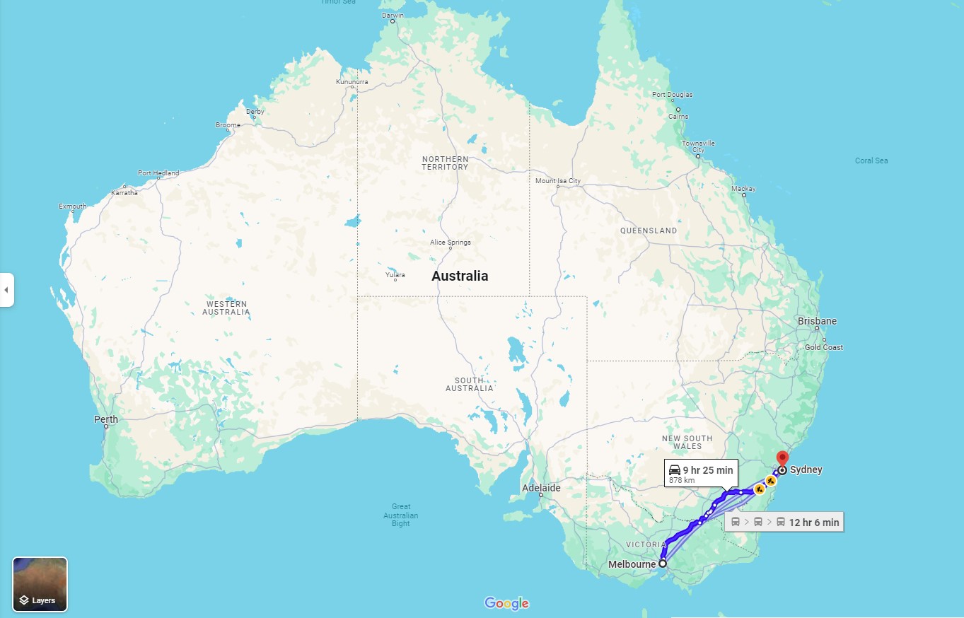 Google Maps route Melbourne to Sydney