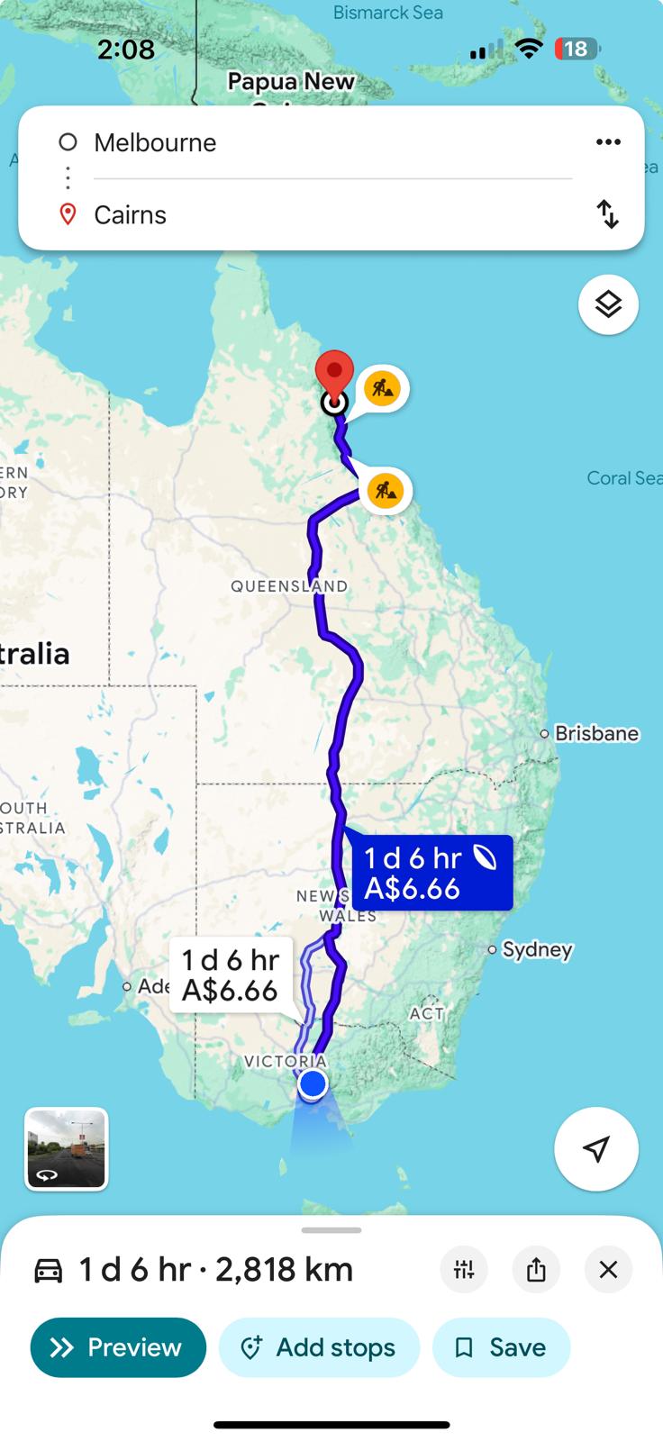Map of Melbourne to Cairns interstate removalist route